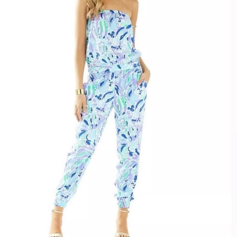 LILLY PULITZER Blue Lilac Floral Print Emiko Jumpsuit Pockets Vacation Chic M